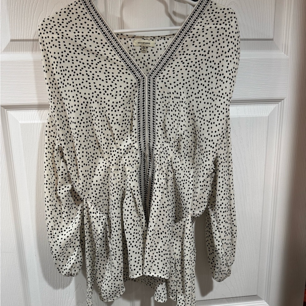 Max Studio Blouse white w/black polka dots Boho waist tie women’s XL 3/4 sleeve